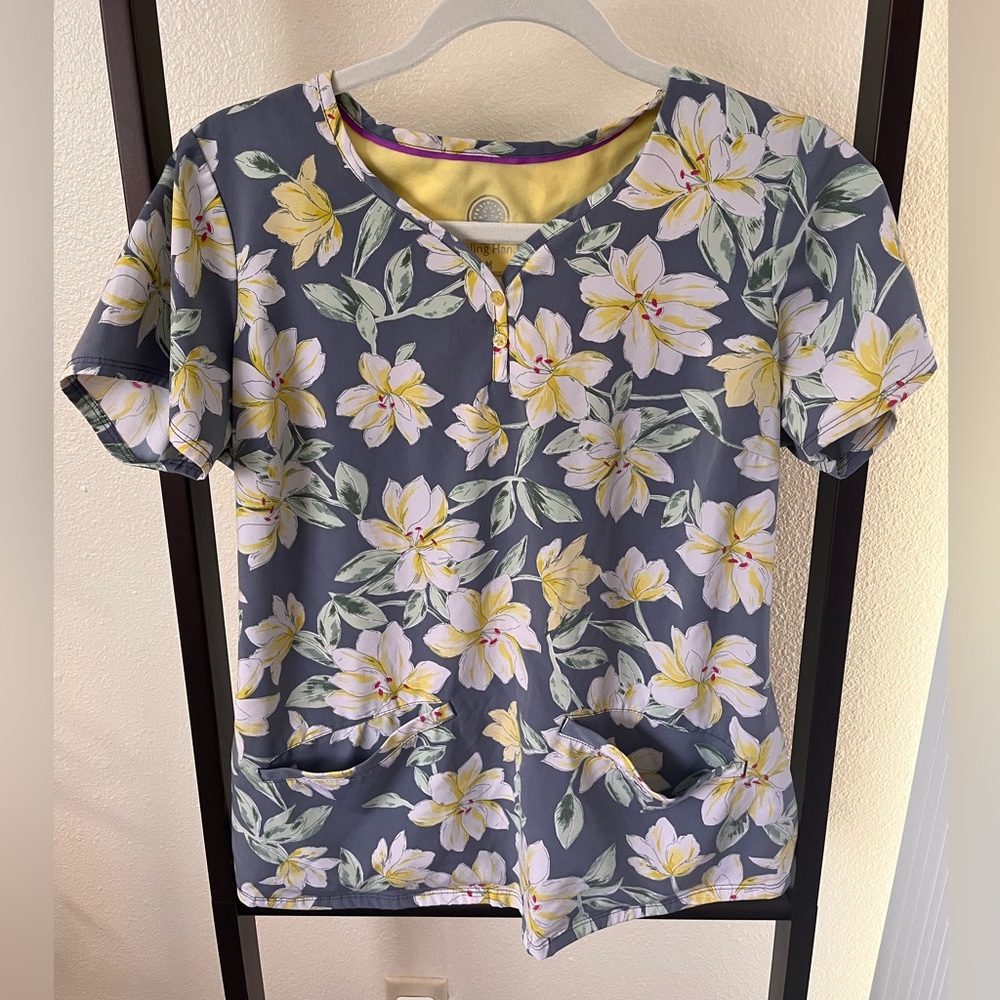 healing hands Floral Gray Scrub Top with Yellow Blooms